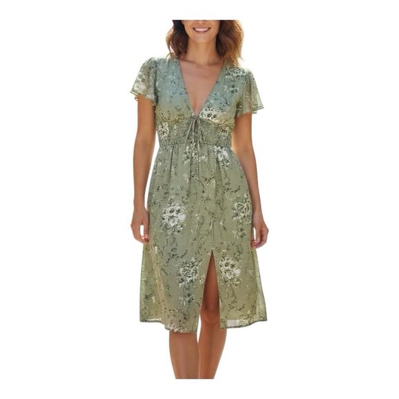 27 Miles Malibu Dresses & Skirts - 27 Miles Malibu Green Floral Boho Dress Small Short Sleeve Tie Front Cottagecore